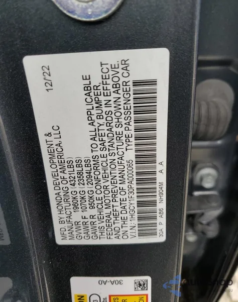 2023 Honda Accord Ex z USA, uszkodzony, nr VIN 1HGCY1F30PA000065